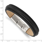 Stainless Steel Polished Black Leather 7.75in with .5in ext Bracelet (SRB2983)