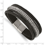 Chisel Stainless Steel Polished Multi Strand Black Leather 8.5 inch Bracelet (SRB3002)