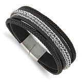 Chisel Stainless Steel Polished Multi Strand Black Leather 8.5 inch Bracelet (SRB3002)