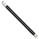 Chisel Stainless Steel Antiqued and Brushed Multi Strand Chain and Black Leather 8.25 inch Bracelet with .5 inch Extension (SRB3014)