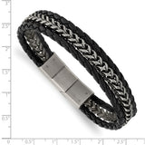 Chisel Stainless Steel Antiqued and Brushed Multi Strand Chain and Black Leather 8.25 inch Bracelet with .5 inch Extension (SRB3014)