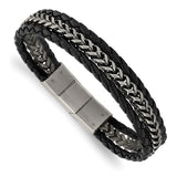 Chisel Stainless Steel Antiqued and Brushed Multi Strand Chain and Black Leather 8.25 inch Bracelet with .5 inch Extension (SRB3014)