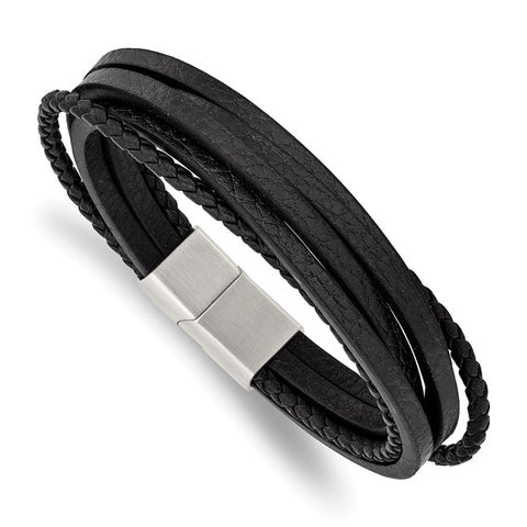 Chisel Stainless Steel Brushed Multi Strand Black Leather 8 inch Bracelet (SRB3032)