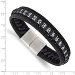 Stainless Steel Polished Black and Blue Leather 8.5in Bracelet (SRB3036)