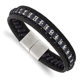 Stainless Steel Polished Black and Blue Leather 8.5in Bracelet (SRB3036)