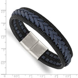 Chisel Stainless Steel Polished Black and Blue Braided Leather 8.25 inch Bracelet (SRB3039)