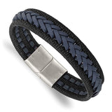 Chisel Stainless Steel Polished Black and Blue Braided Leather 8.25 inch Bracelet (SRB3039)