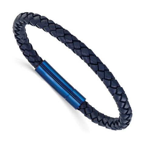 Chisel Stainless Steel Polished Blue IP-plated and Navy Blue Leather 8.25 inch Bracelet (SRB3219)
