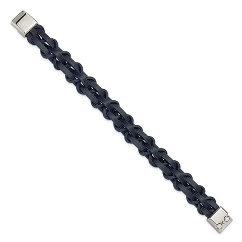 Chisel Stainless Steel Polished Navy Leather 8.5 inch Bracelet (SRB3364)