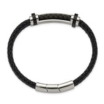 Chisel Stainless Steel Polished Braided Black Leather 8 inch Plus a .5 inch Extension Bracelet (SRB3392)