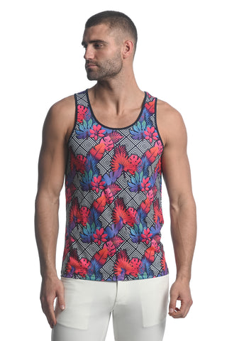 St33le Printed Stretch Mesh Tank Top - Fuschia/Navy Diamond Tropics (11083)