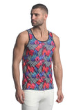 St33le Printed Stretch Mesh Tank Top - Fuschia/Navy Diamond Tropics (11083)