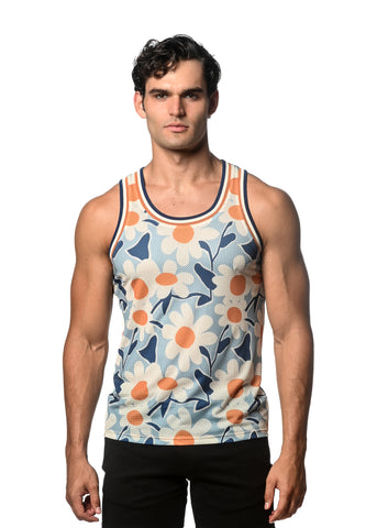 St33le Printed Stretch Mesh Tank Top - Blue/Gold Daisies (11090)