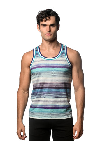 St33le Printed Stretch Mesh Tank Top - Blue/Teal Stripes (11098)