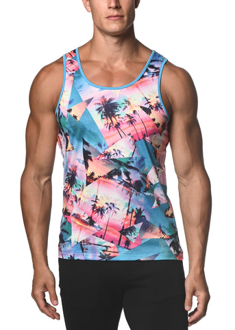 St33le Turquoise Palm Collage Printed Stretch Jersey Knit Tank Top (470)
