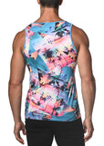 St33le Turquoise Palm Collage Printed Stretch Jersey Knit Tank Top (470)