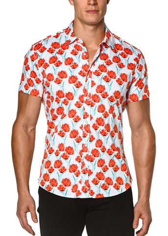 St33le Printed Cotton Knit Jersey Short Sleeve Shirt - Red/Teal Floral (9247)