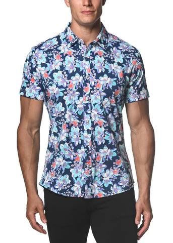 St33le Printed Cotton Knit Jersey Short Sleeve Shirt - Ice Blue/Navy Floral (9258)