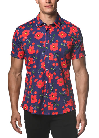 St33le Printed Cotton Knit Jersey Short Sleeve Shirt - Poppy Cherries (9259)
