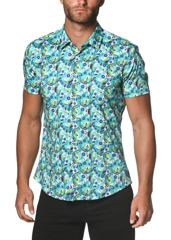 St33le Printed Cotton Knit Jersey Short Sleeve Shirt - Teal/Purple Floral (9264)