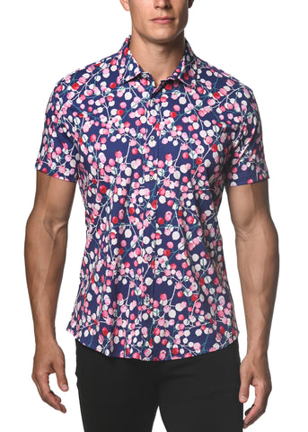 St33le Printed Cotton Knit Jersey Short Sleeve Shirt - Navy/Blush Blossoms (9270)