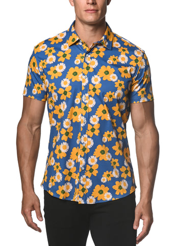 St33le Printed Cotton Knit Jersey Short Sleeve Shirt - Royal/Yellow Floral (9272)