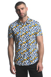 St33le Printed Stretch Jersey Knit Short Sleeve Shirt - Royal/Yellow Abstract (9275)
