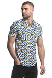 St33le Printed Stretch Jersey Knit Short Sleeve Shirt - Royal/Yellow Abstract (9275)
