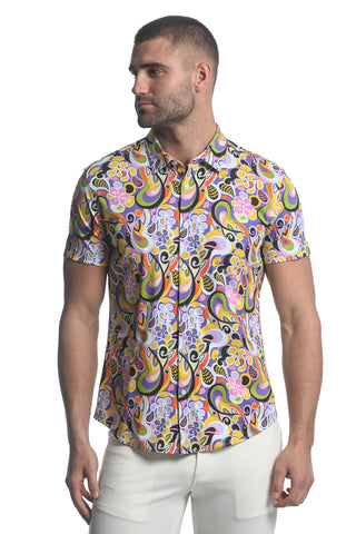 St33le Printed Stretch Jersey Knit Short Sleeve Shirt - Periwinkle/Green Grove (9279)