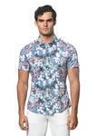 St33le Floral Printed Stretch Cotton Knit Jersey Short Sleeve Shirt - Slate Blue Orchids (9286)