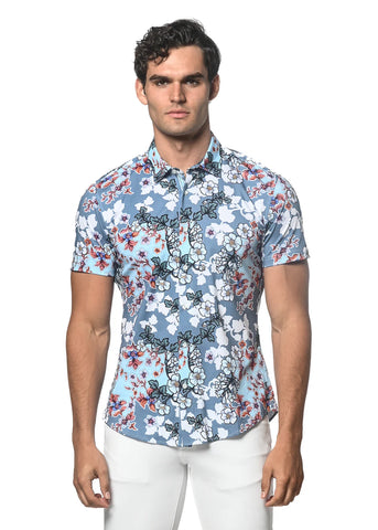 St33le Floral Printed Stretch Cotton Knit Jersey Short Sleeve Shirt - Slate Blue Orchids (9286)