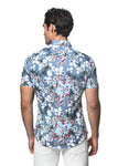 St33le Floral Printed Stretch Cotton Knit Jersey Short Sleeve Shirt - Slate Blue Orchids (9286)