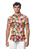 St33le Floral Printed Stretch Cotton Knit Jersey Short Sleeve Shirt - Surf/Flame Floral (9290)