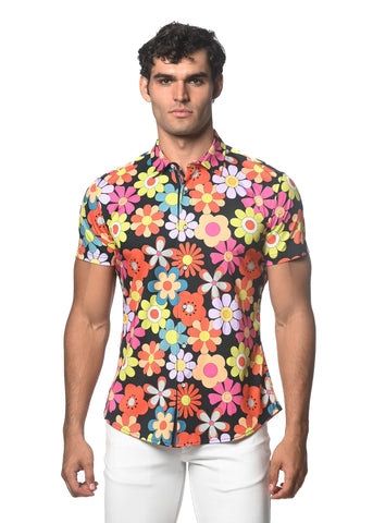 St33le Floral Printed Stretch Cotton Knit Jersey Short Sleeve Shirt - Surf/Flame Floral (9290)