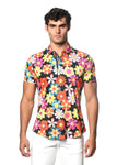 St33le Floral Printed Stretch Cotton Knit Jersey Short Sleeve Shirt - Surf/Flame Floral (9290)