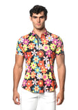 St33le Floral Printed Stretch Cotton Knit Jersey Short Sleeve Shirt - Surf/Flame Floral (9290)