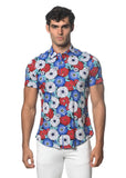 St33le Floral Printed Stretch Cotton Knit Jersey Short Sleeve Shirt - Teal/Purple Floral (9291)