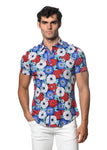 St33le Floral Printed Stretch Cotton Knit Jersey Short Sleeve Shirt - Teal/Purple Floral (9291)