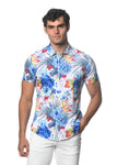 St33le Floral Printed Stretch Cotton Knit Jersey Short Sleeve Shirt - Blue/Yellow Tropics (9294)