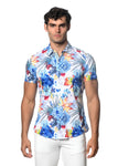 St33le Floral Printed Stretch Cotton Knit Jersey Short Sleeve Shirt - Blue/Yellow Tropics (9294)