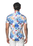 St33le Floral Printed Stretch Cotton Knit Jersey Short Sleeve Shirt - Blue/Yellow Tropics (9294)