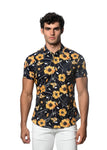 St33le Midnight/Gold Floral Printed Knit Jersey Short Sleeved Shirt (9295)