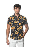 St33le Midnight/Gold Floral Printed Knit Jersey Short Sleeved Shirt (9295)