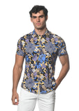 St33le Floral Printed Stretch Cotton Knit Jersey Short Sleeve Shirt - Purple/Ochre Floral (9297)