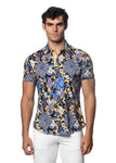 St33le Floral Printed Stretch Cotton Knit Jersey Short Sleeve Shirt - Purple/Ochre Floral (9297)