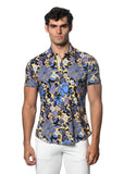 St33le Floral Printed Stretch Cotton Knit Jersey Short Sleeve Shirt - Purple/Ochre Floral (9297)