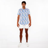 St33le Cobalt/Gold Floral 3D Print Cotton Knit Jersey Short Sleeve Shirt W/Contrast Stripe Placket (9326)