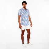 St33le Cobalt/Gold Floral 3D Print Cotton Knit Jersey Short Sleeve Shirt W/Contrast Stripe Placket (9326)