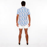 St33le Cobalt/Gold Floral 3D Print Cotton Knit Jersey Short Sleeve Shirt W/Contrast Stripe Placket (9326)