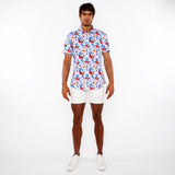 St33le Sky/Multi Floral 3D Print Cotton Knit Jersey Short Sleeve Shirt W/Contrast Stripe Placket (9327)